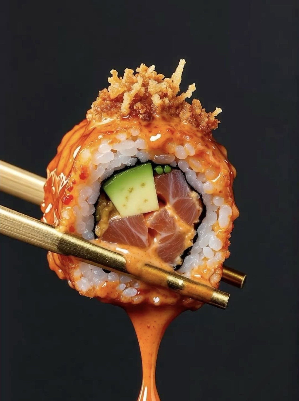 Uramaki de salmão com abacate preso no hashi dourado, coberto de molho